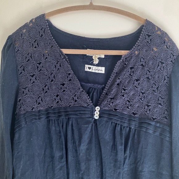 Dark blue 100% linen long sleeve blouse boho top with lace detail size XS / 4 - Picture 4 of 6